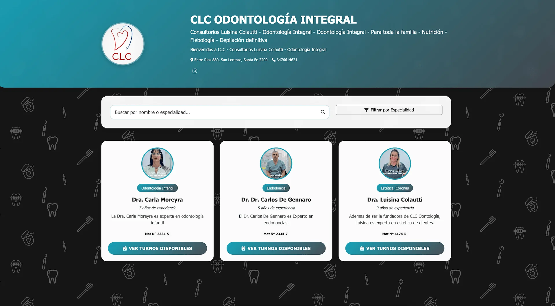 Directorio profesional de clínica con múltiples doctores